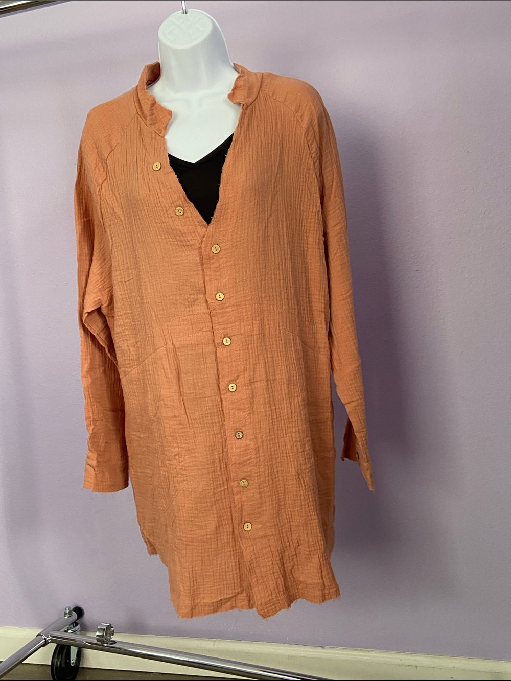 Men's Long Button-Up Shirt - Rust Orange